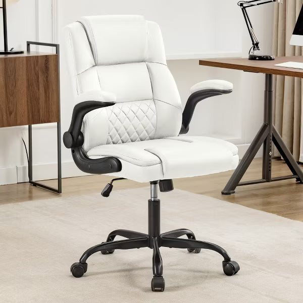 KERDOM High Back PU Leather Executive Office Chair, Flip Up Armrest Reclining Desk Chair with Rocking & Height Adjustable for Home Office,White