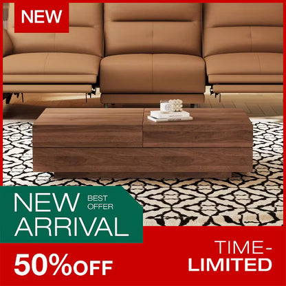 Luck Live Mid-Century Modern 39.4 in Living room retractable, pull-push square coffee table, with storage cabinet, walnut color