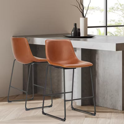 ELJGET Set of 2 Armless Faux Leather Bar Stools, Industrial Counter Height Barstools with Metal Legs & Footrest for Kitchen Island, Home Office,Brown