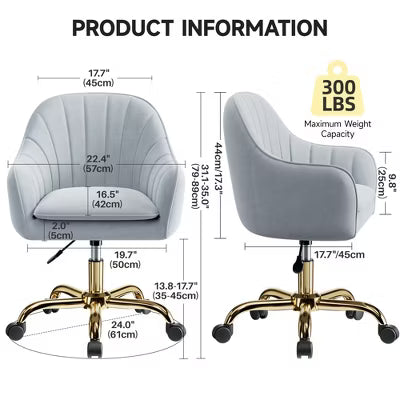 KERDOM Velvet Desk Chair for Home Office, Soft Height Adjustable 360 Swivel Computer Chair, Gray