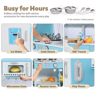 TODECARE Wooden Play Kitchen for Kids with Lighted Stove and Ice Maker, Realistic Kitchen Sets for Boys Girls Age 3+