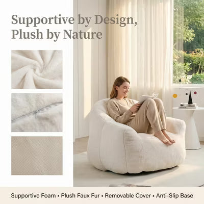 White Lounge Accent Chair for Adults, Faux Fur Upholstered Reading Chair with Armrests, High Density Foam, Cozy Modern Chair for Living Room Bedroom