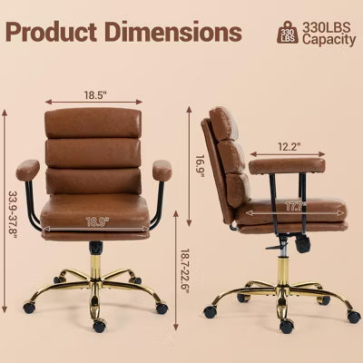 Bosmiller Faux Leather Home Office Desk Chair, Gold Base Vanity Chair with Wheels, Padded Seat and Armrests, Swivel Executive Computer Chair, Brown