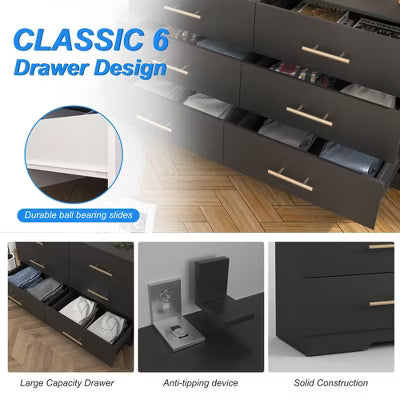 CIPACHO Black 6-Drawer Dresser with Gold Handles - Spacious Storage Chest (Bedroom/Living Room/Entryway)