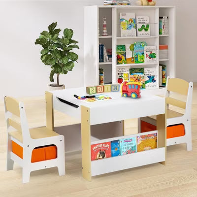 TODECARE 4 in 1 Kids Wooden Table and 2 Chairs Set with Double Bookcase and Blackboard, Gray