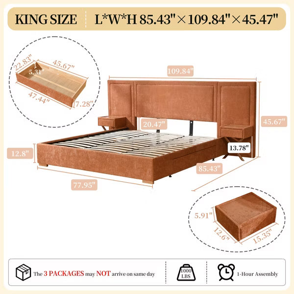 King Size Hotel-Style Bed with Floating Nightstands,Storage Drawers,Upholstered,Noise-Free,No Box Spring Needed,Easy Assembly,Orange