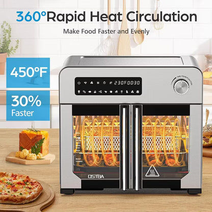 OSTBA 24QT French Door Air Fryer Toaster Oven Combo, 10-in-1 Convection Oven, 30% Faster Cooking, 90% Less Oil, 7 Accessories, Stainless Steel