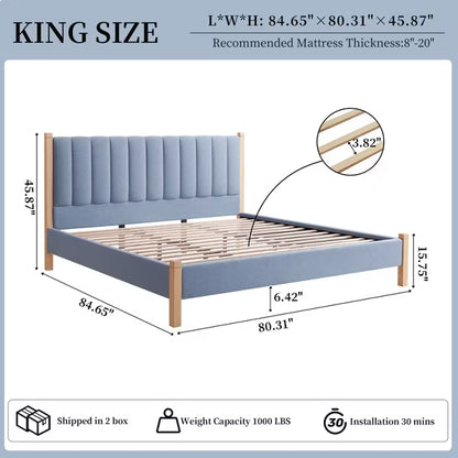 LEOVSNOVE King Size Upholstered Platform Bed Frame Vertical Channel Tufted Headboard Noise Reduction No Box Spring Needed Easy Assembly Light Blue