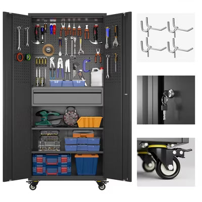 VIYET 71"H All-Black Heavy-Duty Metal Garage Storage Cabinet with Wheels,2 Locking Doors+3 Adjustable Shelves for Home/Office/Garage