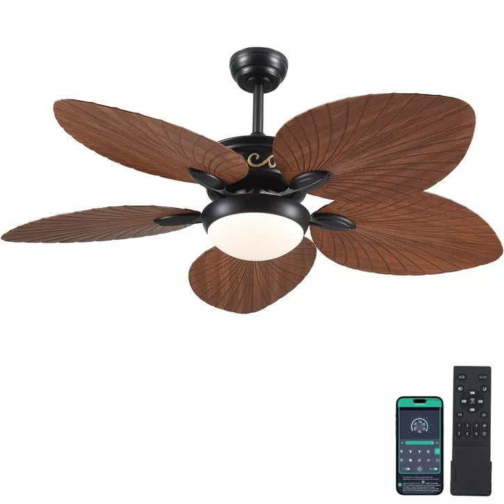 Kviflon 52 Inch Tropical Ceiling Fan with Dimmable LED Light and Remote Control, Palm Leaf Blades, Indoor/Outdoor, Reversible Motor, 6 Speeds