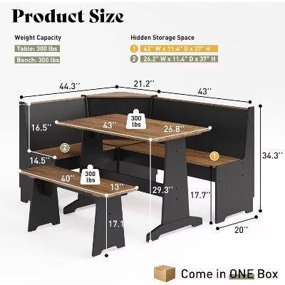 AMERLIFE 3-Piece Breakfast Nook Set with L-Shaped Corner Bench & Hidden Storage, Space-Saving Kitchen Dining Table, Black & Oak