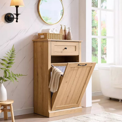 Tilt Out Laundry Hamper Cabinet, Farmhouse Laundry Storage Cabinet with Drawers, Hidden Trash Can Cabinet or Laundry Cabinet for Bathroom, Kitchen