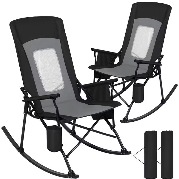 SUNSPIRE 2-Pack Oversized Folding Rocking Camp Chairs, Portable Outdoor Rocker, High Back, Mesh Back, Hard Arms, Carry Bag, Support to 400lb BLACK