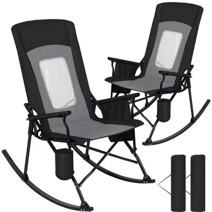 SUNSPIRE 2-Pack Oversized Folding Rocking Camp Chairs, Portable Outdoor Rocker, High Back, Mesh Back, Hard Arms, Carry Bag, Support to 400lb BLACK