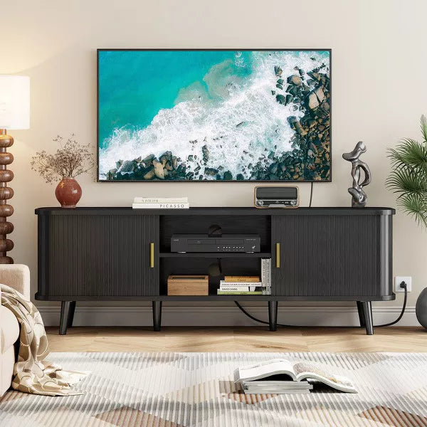 Gikpal 59" TV Stand, Fluted TV Stand for TVs up to 65", Entertainment Center with Storage Compartment and Sliding Doors, Power Outlet, Living room