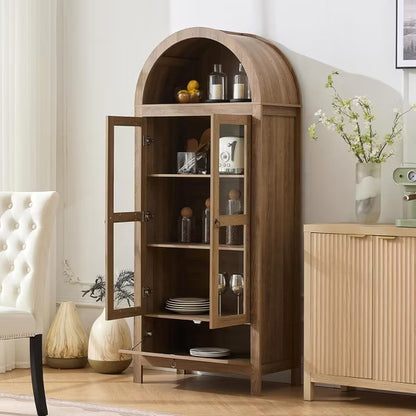 TYBOATLE 71" Tall Arched Pantry Cabinet with Glass Door, Drawer & Anti-Tip Kit – Versatile Storage Cupboard for Kitchen or Dining Room,Wood