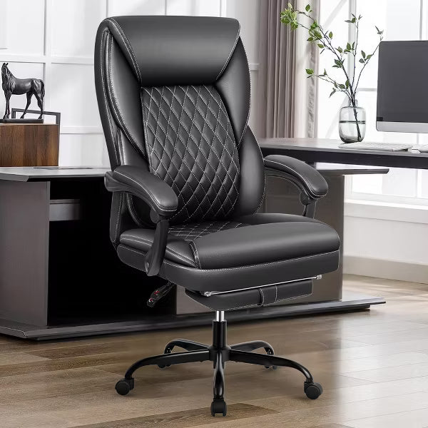 KERDOM Leather Office Chair, Big and Tall Home Office Desk Chairs with Adjustable Padded Headrest Armrest, Black