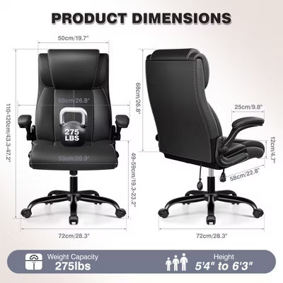 KERDOM Ergonomic Office Chair,Desk Computer Chair, Leather High Back Executive Chairs with Adjustable Lumbar Support & Flip Up Arms, Rocking, Black