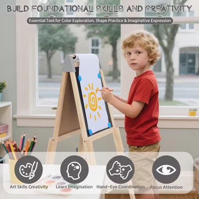 TODECARE Kids 3-in-1 Adjustable Kids Art Easel with Magnetic Whiteboard, Chalkboard, Paper Roll and Storage, Pink