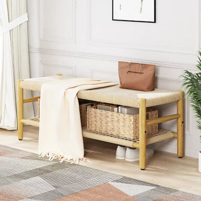 Hooseng Indoor Entryway Bench, Bohemian Style Woven Rope Long Bench with Solid Rubber Wood Legs, French Vanity Bed End Bench for Living Room, Bedroom