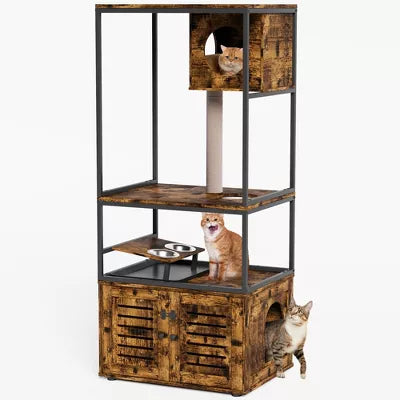 Hooseng Cat Litter Box Enclosure with Feeding Station, Indoor All-In-One Large Hidden Cat Washroom with Condol, Sisal Scratching Post and Perch