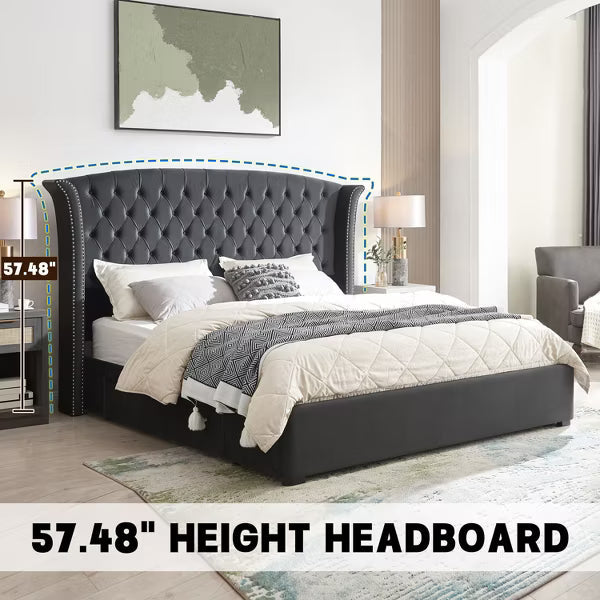 57.48"High Headboard Upholstered King Bed Frame - 2 Storage Drawers,Button Tufted Wingback,Velvet Fabric,No Box Spring Needed, Easy Assembly,Ink Blue