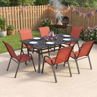 7-Piece Patio Dining Set - 63" Wood-Grain Rectangular Table & 6 Ergonomic Chairs - Modern Farmhouse Outdoor Furniture, 350lb Cap, Rustproof