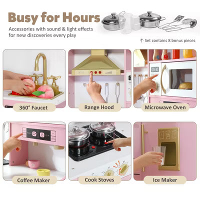 TODECARE Wooden Play Kitchen for Kids with Storage System, Ice Maker and Coffee Maker, Gift for Boys and Girls Age 3+