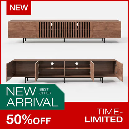 Luck Live Mid-Century Modern TV Stands 94.48" Consoles,up to100'' Media Centerw/ Cabinets & wood Doors&Metal Frame,Walnut-colored