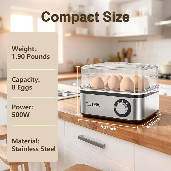 OSTBA 500W Stainless Steel Egg Cooker, 8-Egg Steamer with Timer, Buzzer & Auto Shut-Off, Includes Poaching Bowl