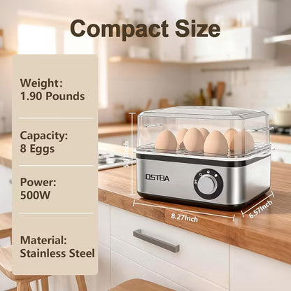 OSTBA 500W Stainless Steel Egg Cooker, 8-Egg Steamer with Timer, Buzzer & Auto Shut-Off, Includes Poaching Bowl