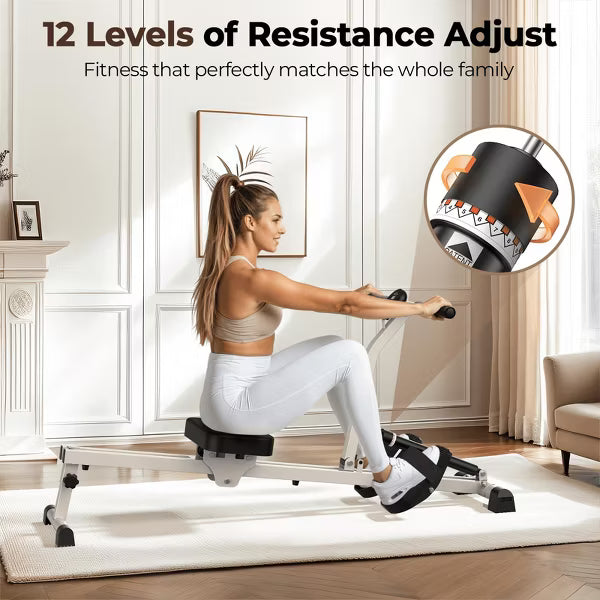 Rowing Machine Rower Exercise for Home Cardio Workouts, Hydraulic Rower With 12 Adjustable Resistance