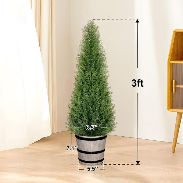Romswi Artificial Cedar Topiary Tree, 3FT with Barrel Planter, Faux Pine Shrubs Plant, Outdoor Indoor Home Decor Realistic Fake Plants, 2-Pack