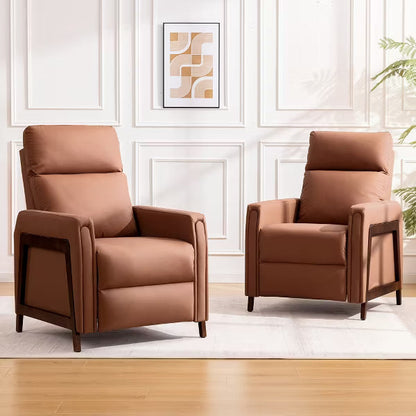 KERDOM Mid-Century Manual Recliner Chair, PU Leather Reclining Armchair with Wood Frame, Adjustable Single Recliner for Living Room Bedroom,Camel