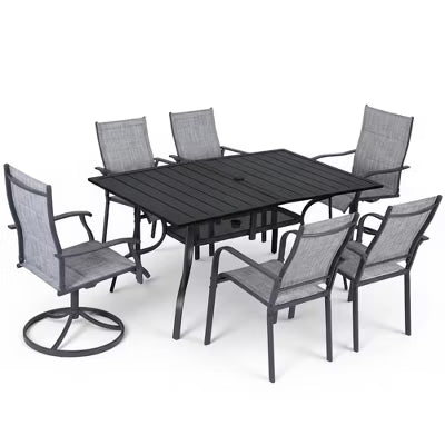 BOSMILLER 7-Piece Outdoor Dining Set with 2 Swivel & 4 Regular Textilene Chairs, Rectangular Table for Garden, Backyard, Poolside, Deck - Grey