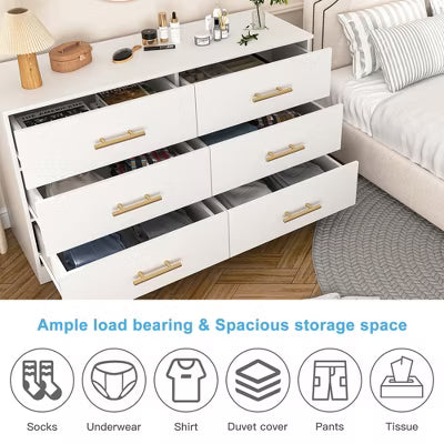 Resenkos 6-Drawer Wide Chest of Drawers, Storage Drawer Organizer, Traditional Bedroom Dresser, Sideboard Buffet for Living Room, Black