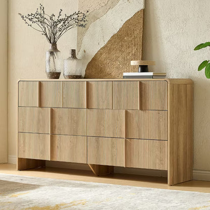 AMERLIFE Fluted Modern Chest Dresser with Pine Handles, Rounded Corners & Anti-Tip, 48" Tall Wood Storage Organizer for Living Room
