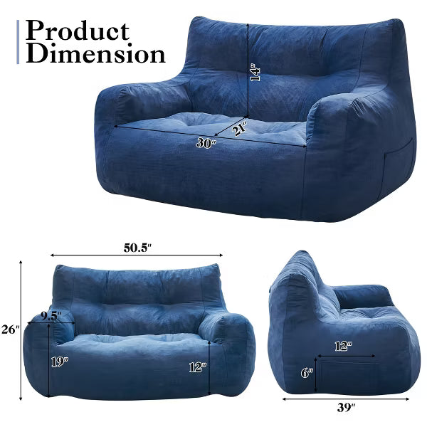 JOYRACER Oversized 2-Seater Bean Bag Chair for Adults, Giant Loveseat Sofa with Filler & Pocket, Couch for Gaming, Reading, and Living Room Use, Navy