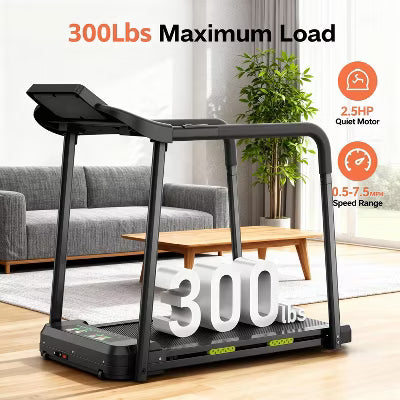 Foldable Walking Pad Treadmill for Seniors, Safe Stable Design with Long Handrail, Large LED Display, 300Lbs Weight Capacity