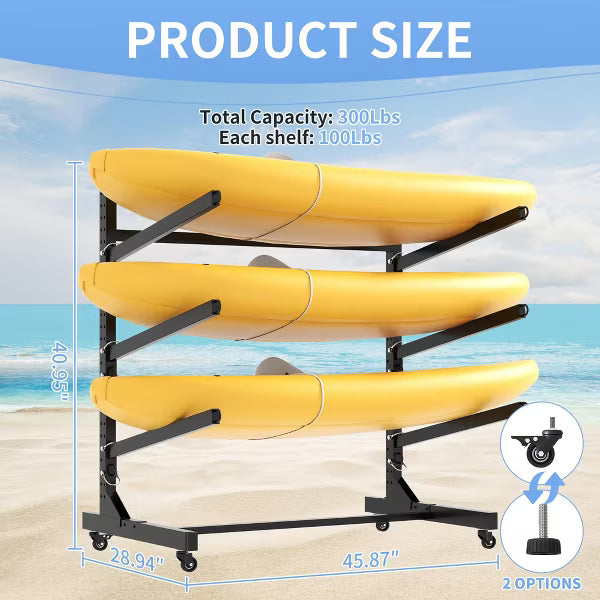Munora - Heavy Duty Kayak Storage Rack with Wheels - 300lbs Capacity Freestanding Holder for Kayaks