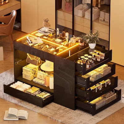 PAKASEPT Armoire Bedroom Island Wardrobe Closet Island with 8 Drawers & Glass Tabletop, LED Island Dresser with Jewelry Organizer, for Bedroom, Black