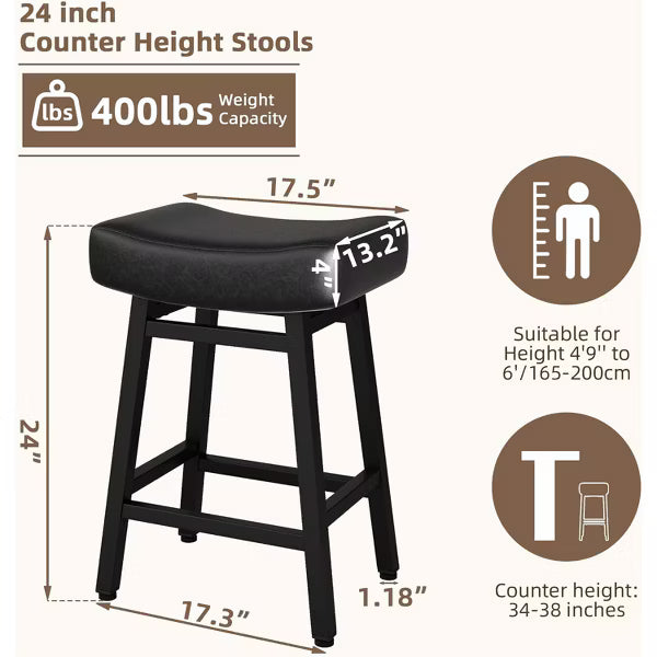 DYHOME 24 Inches Bar Stools, Saddle Kitchen Stools with PU Leather Cushion Counter Height Barstools, Set of 2