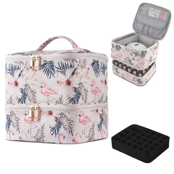 Double-Layer Nail Polish Organizer Bag, Holds 27 Bottles (15ML/0.5 FL.OZ or Larger), Nail Tools & Dryer Storage with Adjustable Dividers, Flamingo