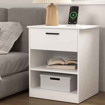 CIPACHO Black Modern Nightstand with Charging Station - 1-Drawer Wooden Bedside Table with USB-C & AC Outlets (Open Storage)