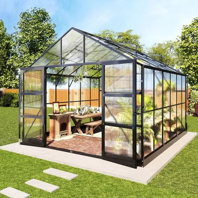 AMERLIFE Polycarbonate Greenhouse with 4 Vents, Rain Gutter, Heavy Duty Aluminum Frame