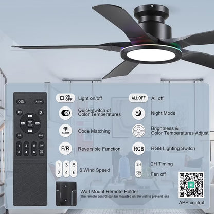 52 Inch Modern Ceiling Fan,Flush Mount Ceiling Fan with Light.for Living Room,Bedroom