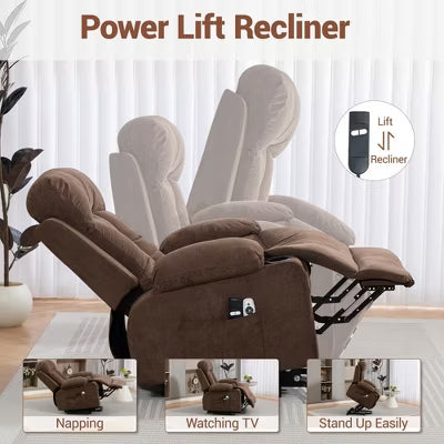Bosmiller Power Lift Recliner Chair for Elderly, Electric Oversized Sofa, Vibration Massage & Heat, Cup Holder, USB Charge Port for Living Room, Brown