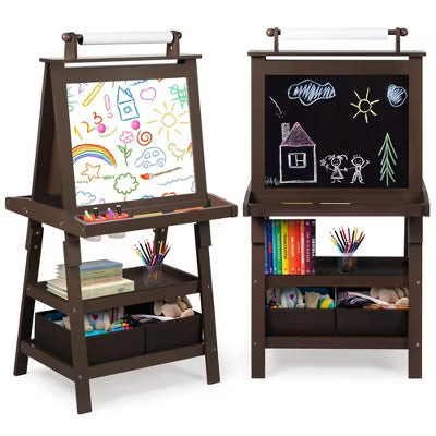 TODECARE Wooden 3-in-1 Kids Art Easel with Magnetic Whiteboard, Chalkboard, Paper Roll and Storage, Pink