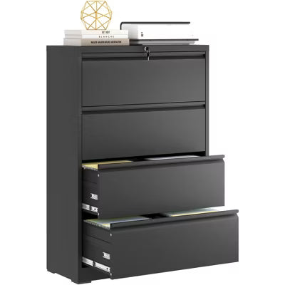 Munora - 4-Drawer Lateral File Cabinet with Lock - Wide Storage for Letter/Legal/A4 Files - Black