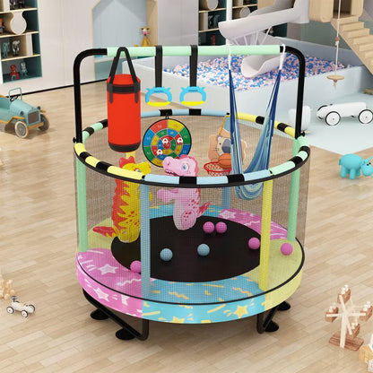 Hooseng 55" 7-in-1 Round Trampoline for Kids with Safety Enclosure Net, Indoor & Outdoor Toddler Trampoline with Adjustable Gymnastics Bar & Toys